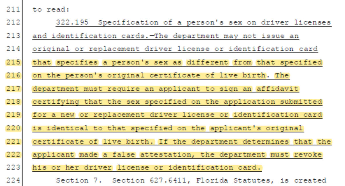 Passage in new Florida bill that states that in order to get a new drivers license in Florida, one must sign a biological sex affidavit.