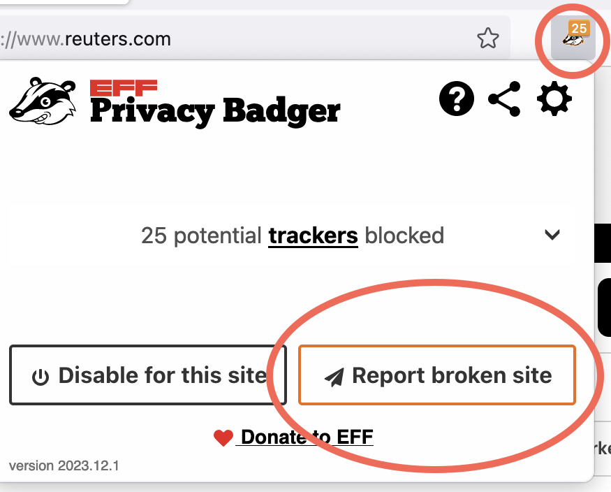 A screenshot of Privacy Badger’s popup. Privacy Badger’s browser toolbar icon as well as the “Report broken site” button are highlighted.