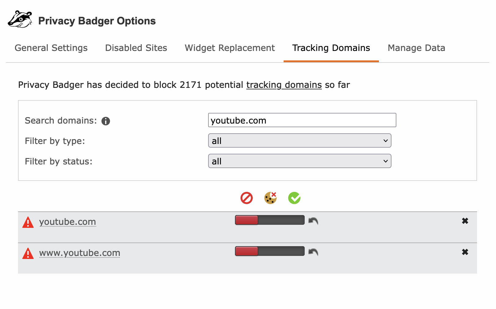 A screenshot of Privacy Badger’s options page with the Tracking Domains tab selected. The list of tracking domains was filtered for “youtube.com”; the slider for youtube.com was moved to the “Block entirely” position.