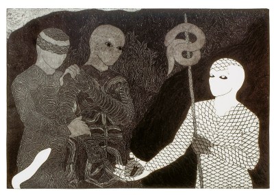 A black-and-white collagraph showing a white figure with scales holding a staff and gesturing at two grey figures. none have mouths and one gray figure's eyes are covered. 