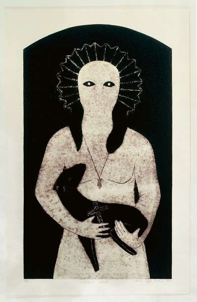 A black-and-white collagraph showing a white figure holding a black animal. 