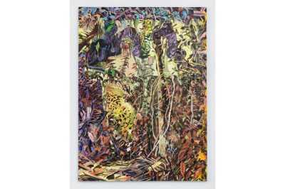 A vertical landscape painting showing a dense forest with figures being barely discernable. 