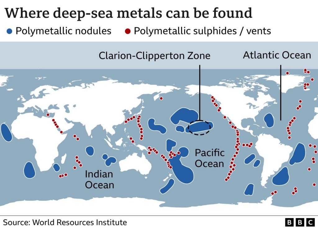Map of world showing where deep-sea metals can be found
