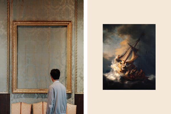 Two images, one of an empty frame on a museum wall with a man in front of it, and the other of a painting of a boat in a storm-tossed sea.