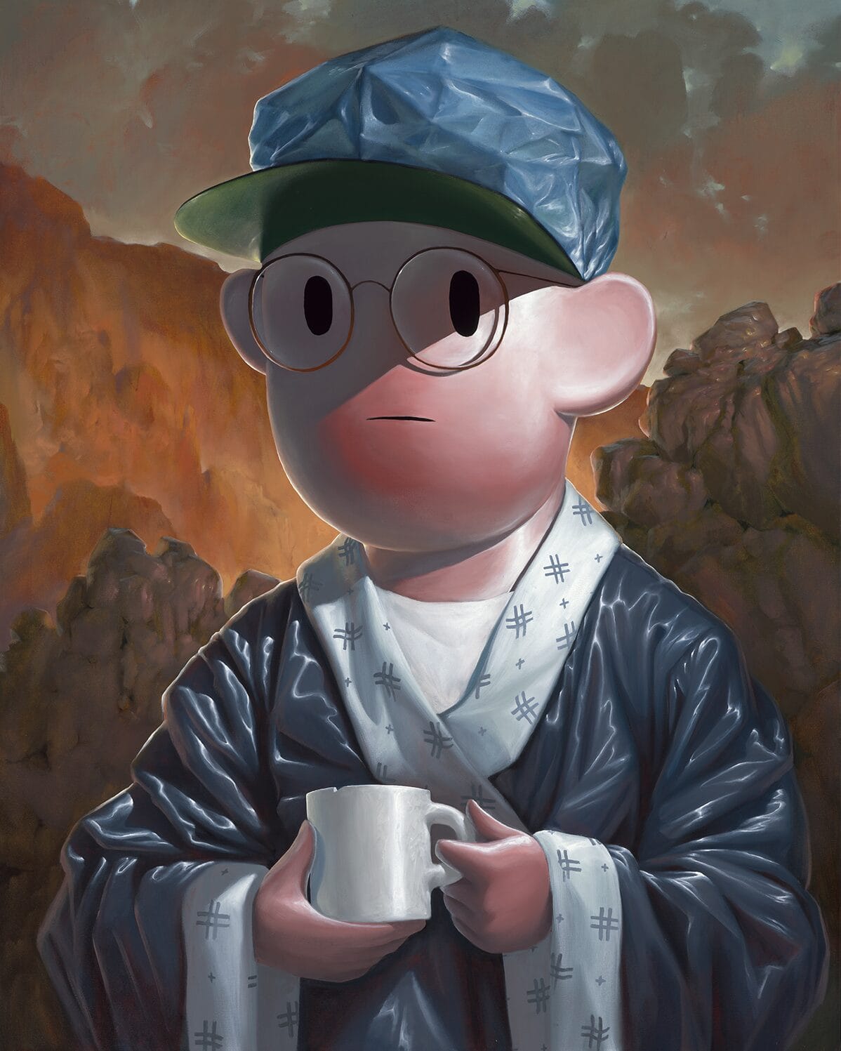 A portrait of a figure holding a mug of coffee.
