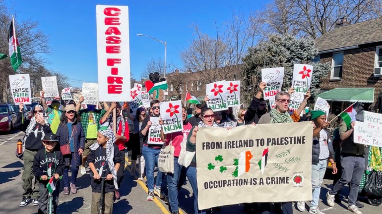 A pro-Palestine group marches in the "St Pats for All" Parade in Queens, New York, on March 3rd. The parade, an inclusive alternative to the official city parade, is supported by the Irish Department of Foreign Affairs.