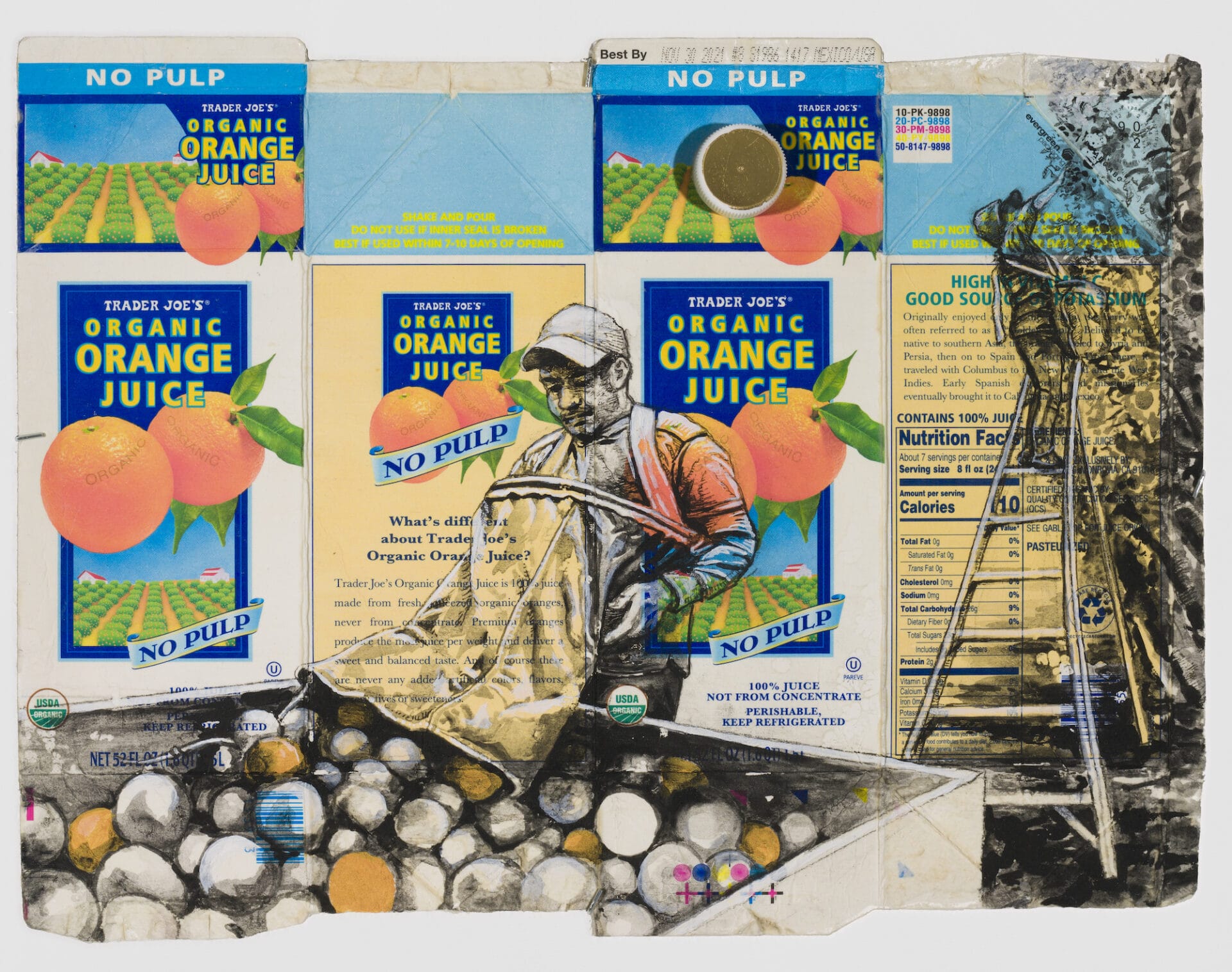 A portrait of a farmworker unloading a bag of produce into a bin, drawn on an orange juice carton.
