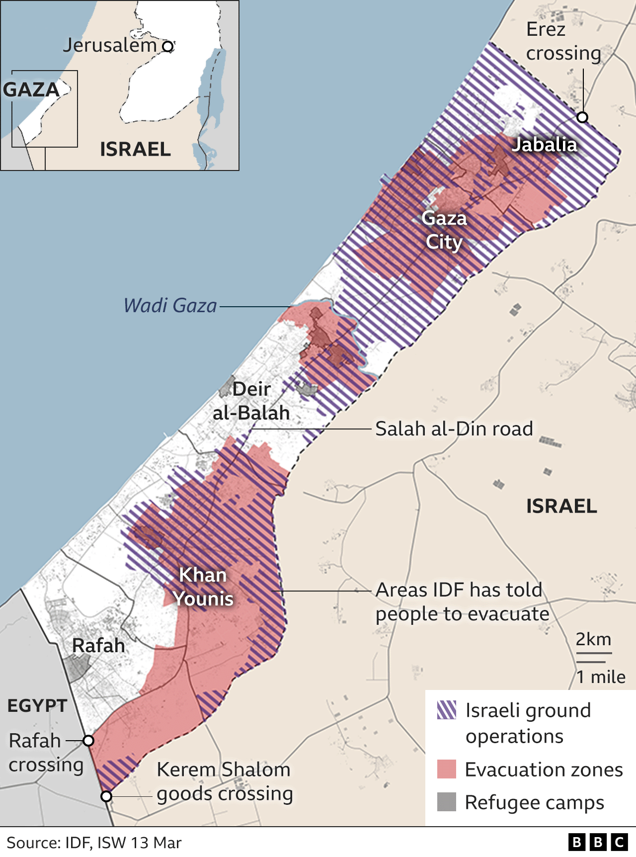 Map of the Gaza Strip showing Israeli ground operations and evacuation zones