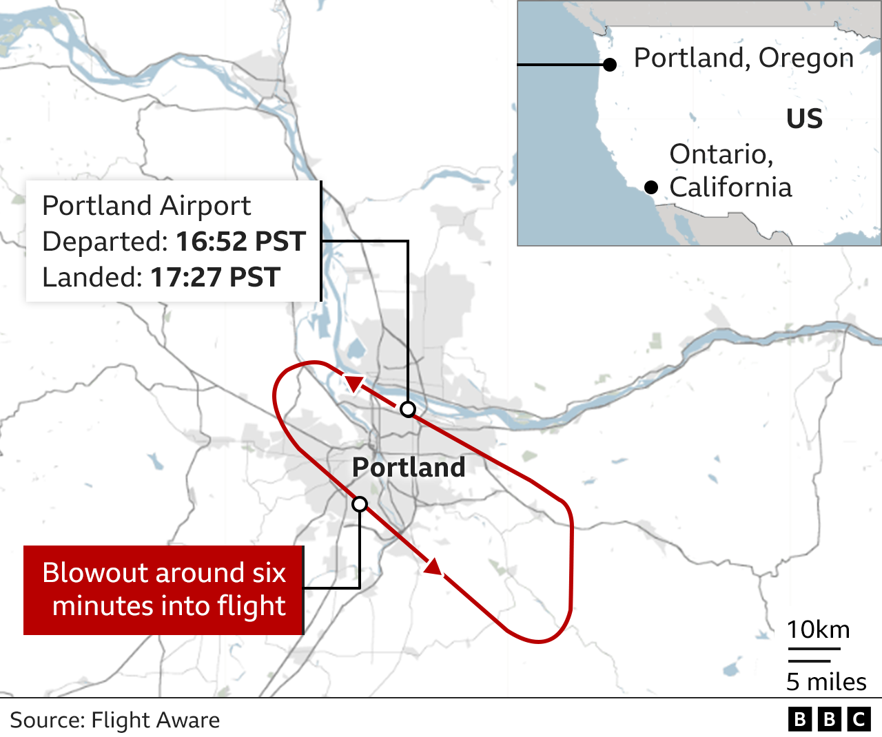Map showing flight path Alaska Airline's Boeing 737