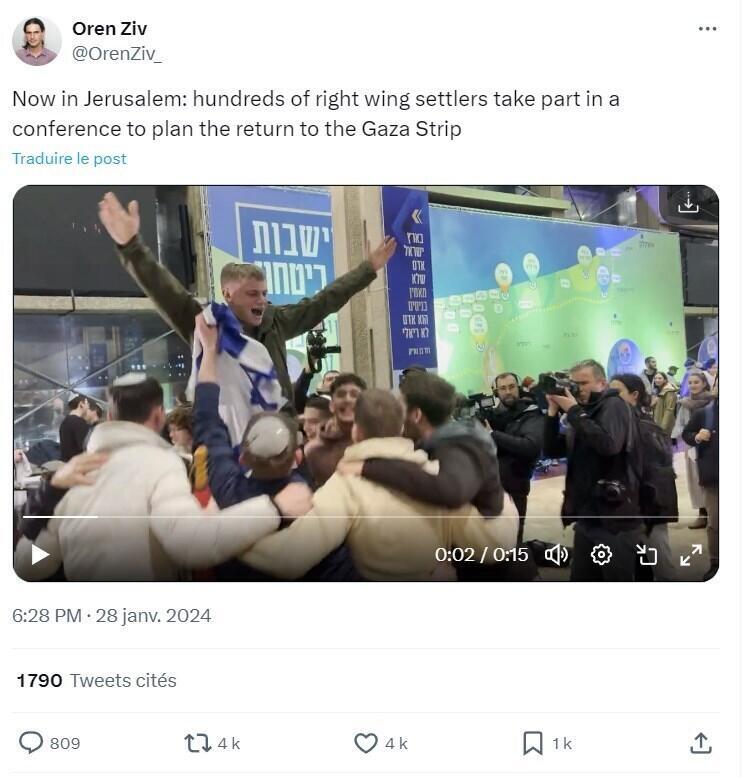 This tweet by Israeli journalist Oren Ziv includes a video of the conference held by far right politicians. In the backdrop, you can see a map of Gaza. On it are locations that have been marked for future settlements. © Oren Ziv / X