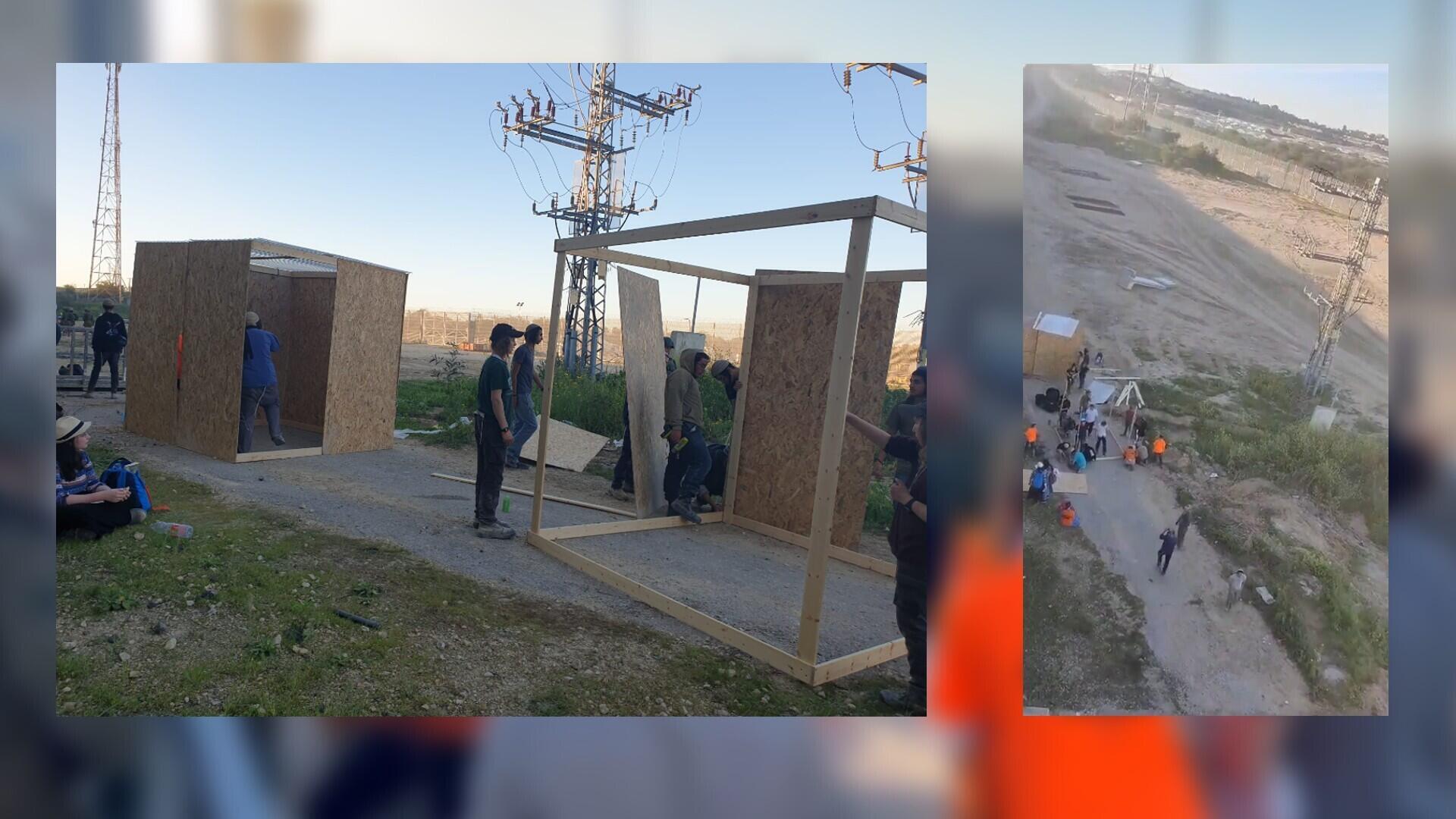 The image at the left shows the structures built in the Erez military zone on February 29. The image at the right is a screengrab of a video circulated on Twitter by a protester who filmed the construction of these structures. © Twitter
