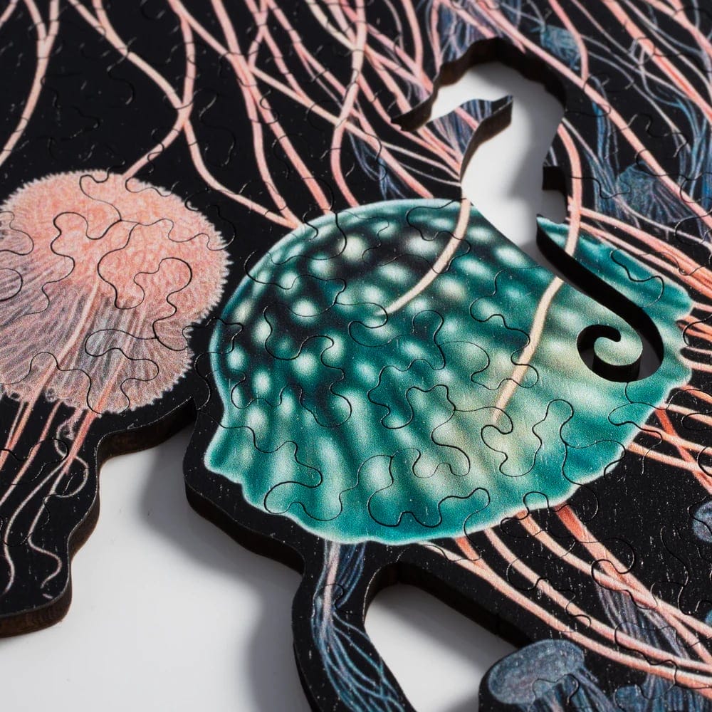a detail of a colorful jellyfish puzzle with jellyfish shaped whimsy pieces