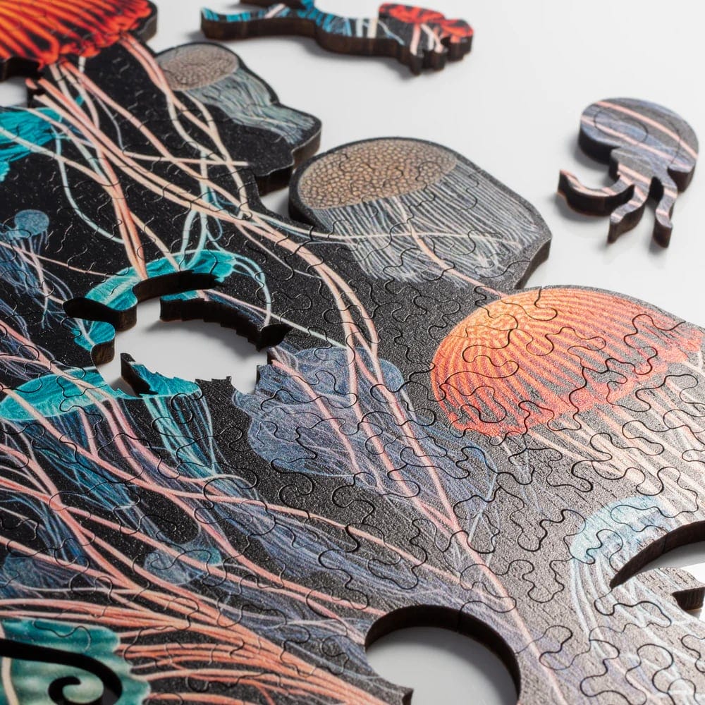 a detail of a colorful jellyfish puzzle with jellyfish shaped whimsy pieces