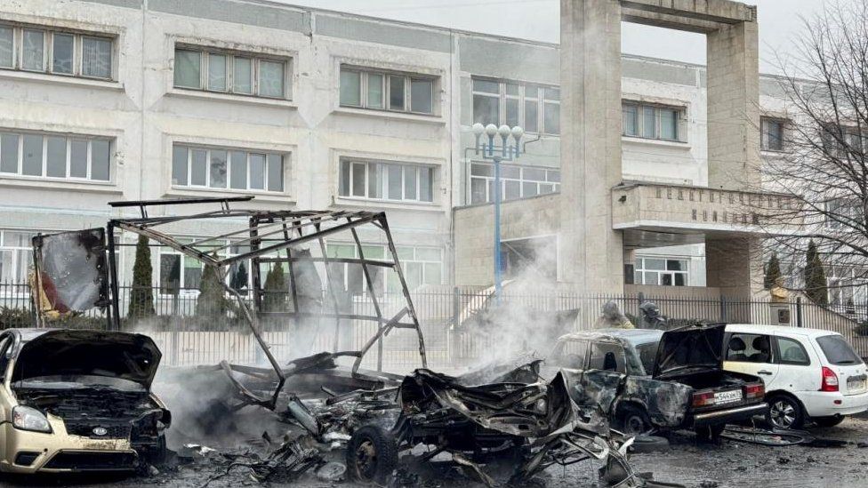 A view shows destroyed cars following an incident which local authorities said was a Ukrainian missile attack, in the course of Russia-Ukraine conflict in Belgorod, Russia, March 16, 2024. Telegram channel of Governor of Belgorod Region Vyacheslav Gladkov/Handout via REUTERS