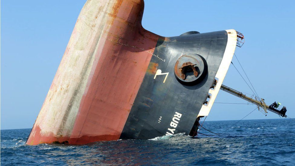 The Rubymar cargo ship partly submerged off the coast of Yemen on 7 March