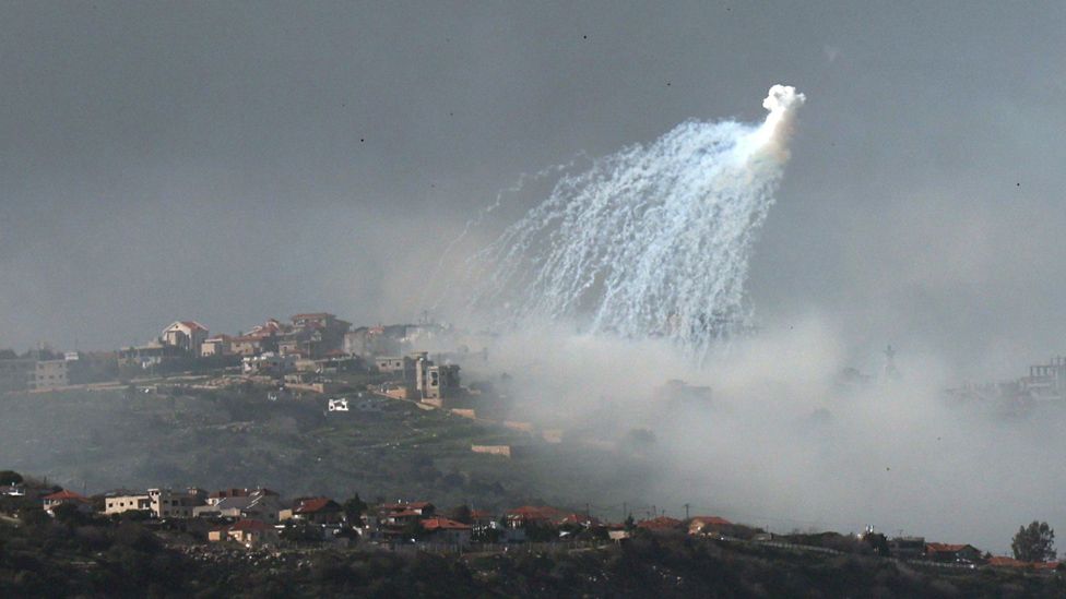Smoke rises from the Lebanese village of Markaba as a result of Israeli shelling in southern Lebanon, next to the Israeli moshav of Margaliot at the border with Israel, 04 March 2024.